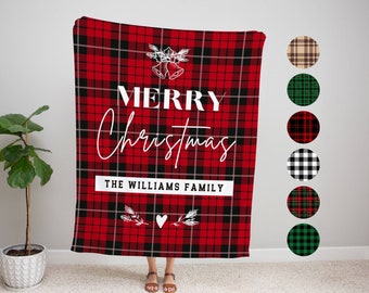 Couverture de Noël personnalisée à carreaux avec nom de famille : décoration de Noël avec prénom personnalisé, cadeau de Noël, jeté d'hiver