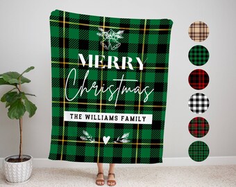 Couverture à carreaux de Noël personnalisée : couverture personnalisée avec nom de famille, cadeau de couverture de Noël joyeux Noël pour la famille