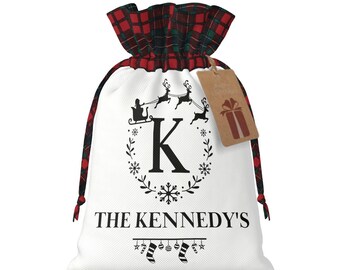 Personalized Family Name Christmas Santa Sack: Scottish Plaid Linen