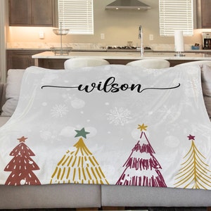 Personalized custom white color christmas tree blanket with family name 2024 christmas throw personalized home gift custom holiday gifts