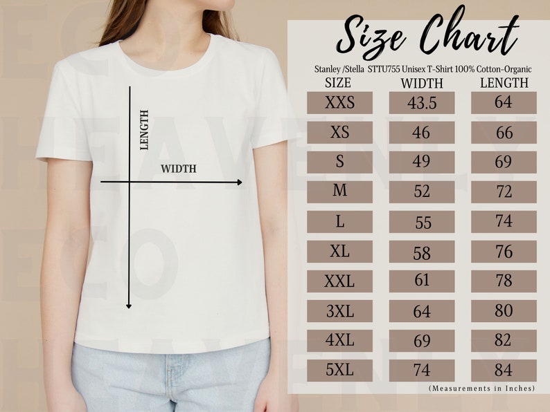 Size Chart Stanley Stella STTU755 Tshirt Measurements - Etsy