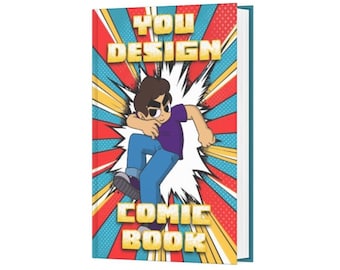 Peut inclure: Une couverture de bande dessinée avec un design rétro coloré. La couverture présente un personnage de dessin animé portant une chemise violette et un jean bleu, qui éclate à travers une étoile blanche. Le texte sur la couverture est "YOU DESIGN COMIC BOOK".