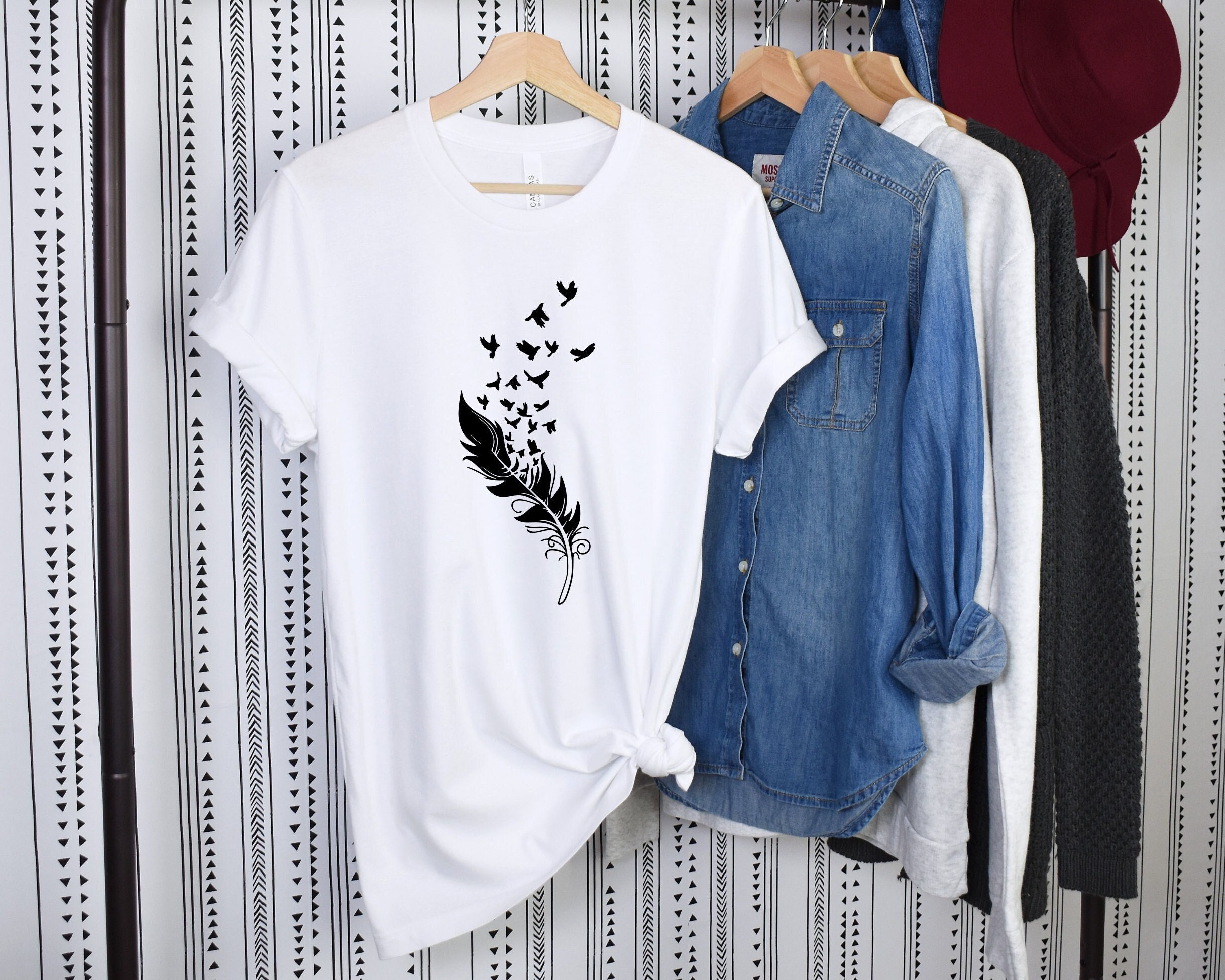 Feather Shirt, Feather With Birds Shirt, Art Tshirt, Cute Women