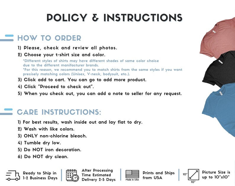 Op de afbeelding: Beleid en instructies voor het bestellen en verzorgen van T-shirts. De afbeelding toont drie T-shirts in verschillende kleuren: roze, zwart en blauw. De tekst bevat informatie over het kiezen van de juiste maat en kleur, het toevoegen van artikelen aan de winkelwagen en het afrekenen. Het bevat ook verzorgingsinstructies voor het wassen, drogen en strijken van de T-shirts.