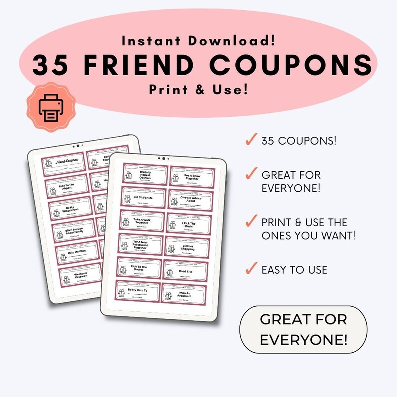 35 Friend Coupons Print &amp; Use || Digital Download Friendship Coupons ...