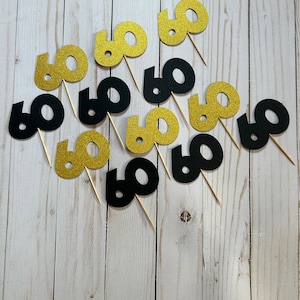 60th Cupcake Toppers - 60th Birthday Toppers - 12 Cupcake Toppers - Anniversary - Black & Gold Toppers - Cake Decorations