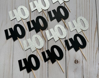 40th Birthday Cupcake Toppers: Black & Silver Glitter (Set of 12)