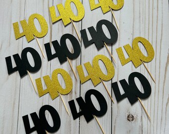 40th Birthday Cupcake Toppers: Black & Gold Glitter, Set of 12