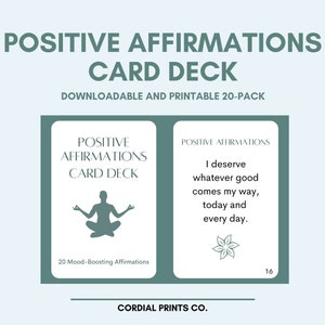 Baraja de cartas de Afirmaciones positivas • 20 tarjetas imprimibles • Motivación y atención plena para todas las edades