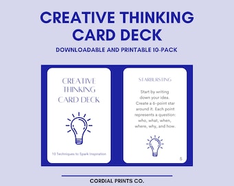 Baralho de cartas de pensamento criativo • 10 cartões para impressão • Técnicas e ideias de criatividade para todas as idades