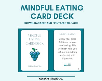 Baralho de cartas de alimentação consciente • 20 cartas para impressão • Técnicas e ideias de alimentação consciente para todas as idades