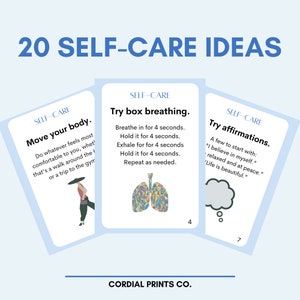 Pode incluir: Tr&ecirc;s cart&otilde;es coloridos com o texto "SELF-CARE" em cada um. O primeiro cart&atilde;o tem uma mulher caminhando e o texto "Mova seu corpo. Fa&ccedil;a o que lhe parecer mais confort&aacute;vel, seja um passeio pelo bairro ou uma ida &agrave; academia.". O segundo cart&atilde;o tem uma ilustra&ccedil;&atilde;o colorida de pulm&otilde;es e o texto "Experimente a respira&ccedil;&atilde;o em caixa. Inspire por 4 segundos. Segure por 4 segundos. Expire por 4 segundos. Segure por 4 segundos. Repita conforme necess&aacute;rio.". O terceiro cart&atilde;o tem uma bolha de pensamento e o texto "Experimente afirma&ccedil;&otilde;es. Algumas para come&ccedil;ar: "Eu acredito em mim mesmo." "Estou relaxado e em paz." "A vida &eacute; bela.""