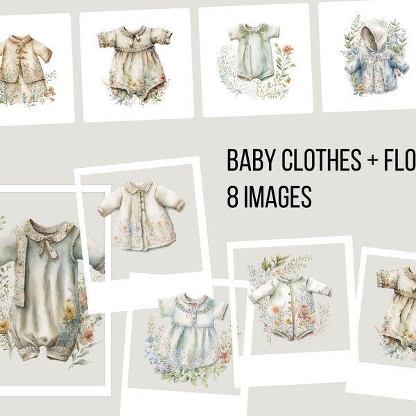 Boho Baby Clothes PNG Clipart Bundle Baby Shower Clipart Vintage Boho Floral Clipart Beige, Instant Download Commercial Use No License