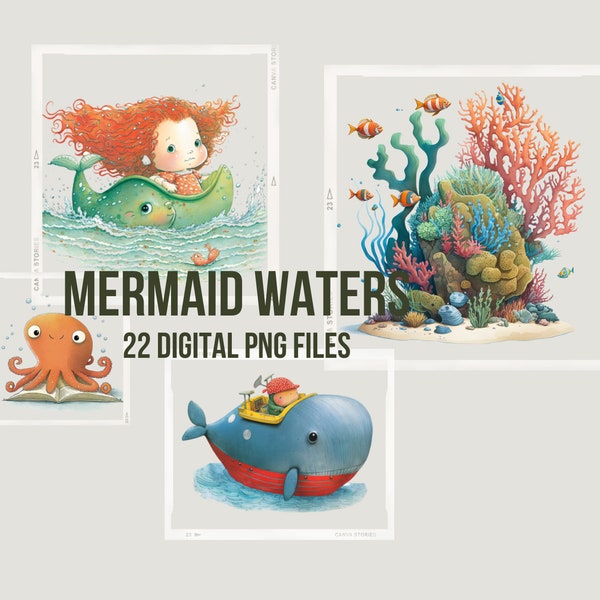 Clipart subacqueo Whimisical Ocean Clip Art Nursery Decor Bambini Wall Art Polpo Clipart Sirena Clipart Balena PNG Clipart Uso commerciale