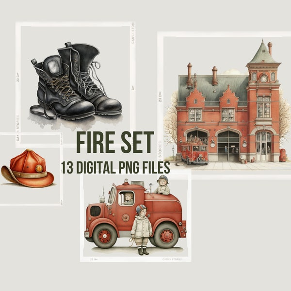 Vintage Fire Clipart Fire Truck Clipart PNG Fire Station Art Nursery Decor Boy Wall Art Dalmation Clipart, Instant Download Commercial Use