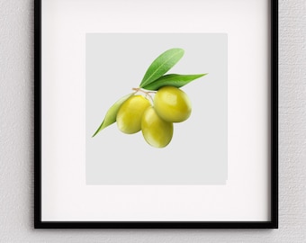 Olive Branch Wall Art, Mediterranean Kitchen Decor, Green Olives Print, Rustic Dining Room Artwork, Digital Download