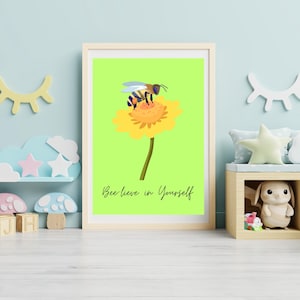 Bee-lieve in Yourself Print, Bee Printable Art, Inspirational Bee Print, Cute Kids Decor, Digital Download, Retro Wall Decor
