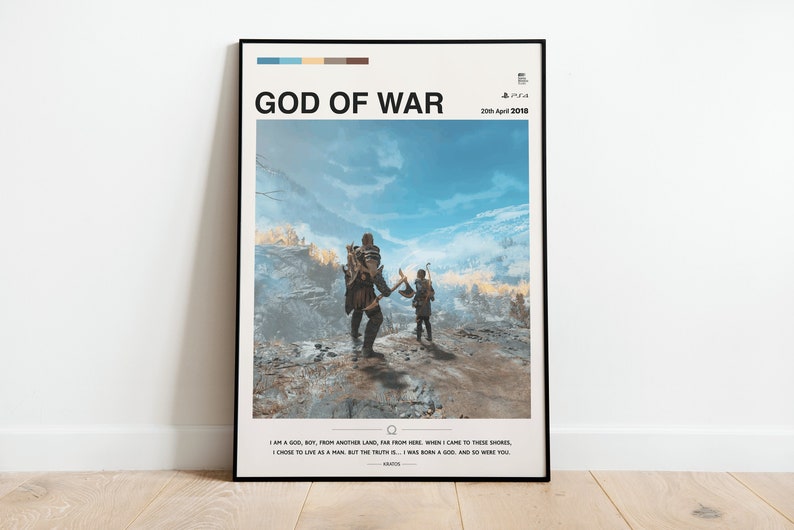 K&ouml;nnte beinhalten: Ein Poster f&uuml;r das Videospiel God of War, das 2018 ver&ouml;ffentlicht wurde. Das Poster zeigt eine dramatische Landschaft mit zwei Figuren, die vom Betrachter weggehen. Der Text auf dem Poster lautet "God of War" und "20th April 2018".