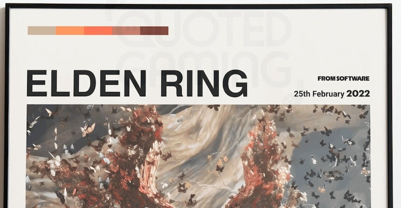 K&ouml;nnte beinhalten: Ein Poster f&uuml;r das Videospiel Elden Ring, mit einem wirbelnden, abstrakten Hintergrund mit einem Schwarm schwarzer Schmetterlinge. Der Titel "ELDEN RING" ist in fetter, schwarzer Schrift. Der Text "FROM SOFTWARE" und "25th February 2022" ist in kleinerer, wei&szlig;er Schrift.