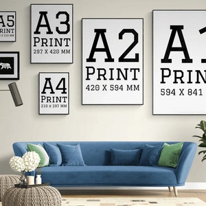 K&ouml;nnte beinhalten: Eine wei&szlig;e Wand mit vier schwarzen gerahmten Drucken in verschiedenen Gr&ouml;&szlig;en. Die Drucke sind mit A1, A2, A3 und A4 beschriftet und die Abmessungen sind in Millimetern angegeben. Ein blaues Sofa mit wei&szlig;en und gr&uuml;nen Kissen steht vor der Wand. Eine Stehlampe und zwei gewebte Hocker befinden sich im Vordergrund.