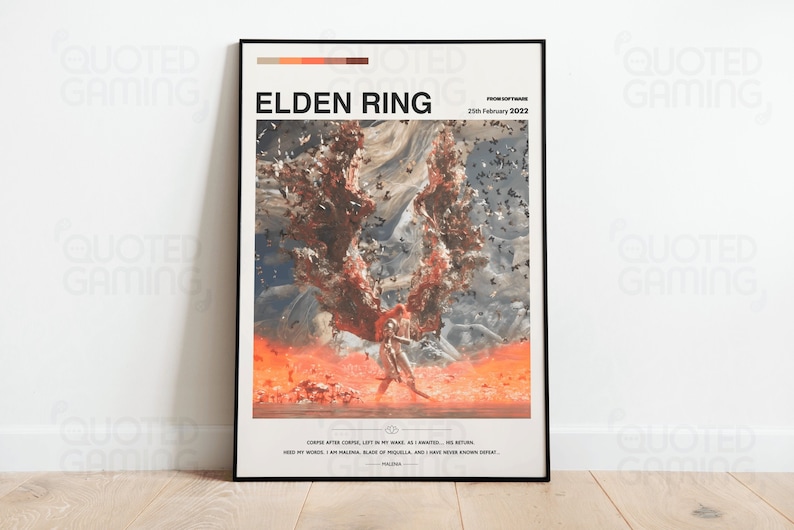 K&ouml;nnte beinhalten: Ein Poster f&uuml;r das Videospiel Elden Ring, das ein feuriges, abstraktes Bild einer gefl&uuml;gelten Figur zeigt. Das Poster ist schwarz gerahmt und tr&auml;gt den Titel "Elden Ring" sowie das Erscheinungsdatum "25. Februar 2022".