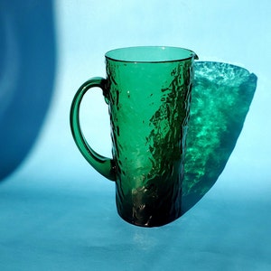 Vintage Pitcher Emerald Green Pebbled Glass Carafe MCM Hand Blown Anchor Hocking Milano Forest Green Crinkle Textured 70s