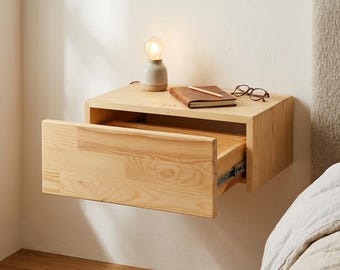Mesita de noche flotante con cajón, mesita de noche de pared, mesita de noche de madera maciza de pino, estante de dormitorio hecho a mano