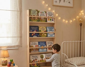 Montessori-Wandregal, Kinderbücherpräsentation, handgefertigtes Kiefernholzregal fürs Kinderzimmer, Organizer fürs Kinderzimmer, Geschenkidee zum Lesen