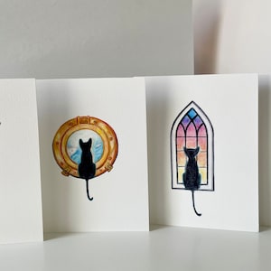 Black cat in window set of 4 blank inside fine art greeting cards all occasions birthday, thank you, get well, friendship 5.5x4.25