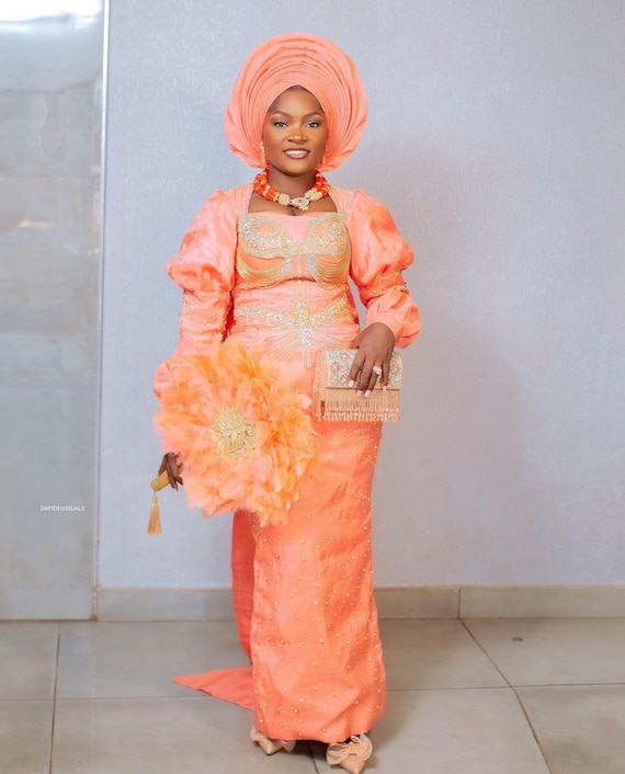 wedding dress peach bride dress white and coloured dress Quality aso oke aso ofi Africa dress engagement dress
