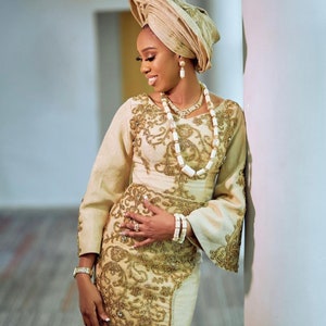Party dress, wedding dress, African bride dress, champagne gold dress,Quality aso oke, aso ofi, Africa dress, prom dress, engagement dress