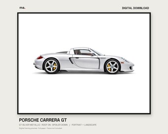 Stampa illustrata dell'auto Porsche Carrera GT argento, decorazione murale con tetto, formato verticale e orizzontale + sfondo 4K