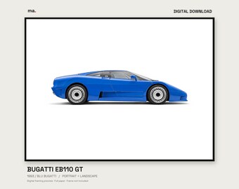 Stampa illustrata dell'auto Bugatti EB110 GT blu, formato verticale e orizzontale + sfondo 4K