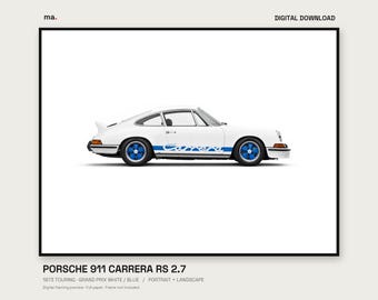 Pacchetto di stampe digitali per auto Porsche 911 Carrera RS 2.7 Touring del 1973, bianca e blu, formato verticale e orizzontale + sfondo 4K