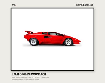 Pacchetto di stampe digitali per auto Lamborghini Countach Quattrovalvole con luci rosse, formato verticale e orizzontale + sfondo 4K