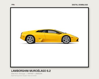 Lamborghini Murcielago 6.2 Yellow Illustrated Car Print | Giallo Orion Supercar Wall Art | Digital Download + 4K Wallpaper