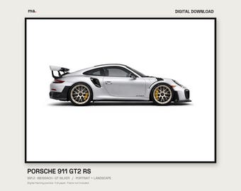 Stampa digitale per auto Porsche 911 GT2 RS Weissach GT Silver, 991.2 Decorazione murale, verticale e orizzontale + Sfondo 4K