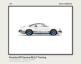 1973 Porsche 911 Carrera RS 2.7 Touring White Blue Illustrated Car Print, Portrait Landscape + 4K Wallpaper