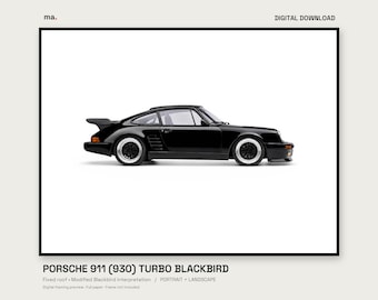 Porsche 911 930 Blackbird Illustrated Car Print, Black Coupe Wall Art, Portrait + Landscape, 4K Wallpaper