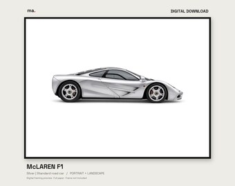 McLaren F1 Silver Illustrated Car Print, Portrait and Landscape + 4K Wallpaper