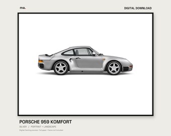 Pacchetto di stampe digitali per auto Porsche 959 Komfort Silver Light, formato verticale e orizzontale + sfondo 4K