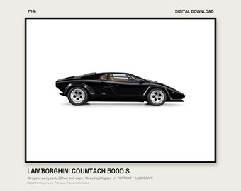Lamborghini Countach 5000 S Black Illustrated Car Print, Portrait and Landscape + 4K Wallpaper