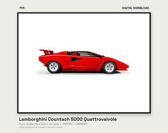 Lamborghini Countach Quattrovalvole Red Illustrated Car Print, Portrait and Landscape + 4K Wallpaper