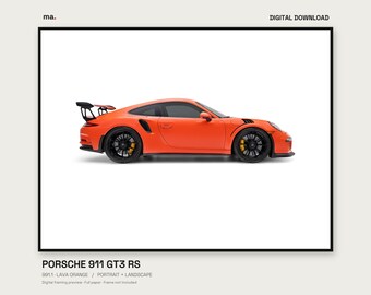Stampa digitale di un'auto Porsche 911 GT3 RS color arancione lava, modello 991.1, formato verticale e orizzontale + sfondo 4K.