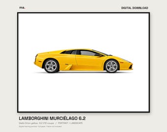 Lamborghini Murcielago 6.2 Yellow Illustrated Car Print | Giallo Orion Supercar Wall Art | Digital Download + 4K Wallpaper