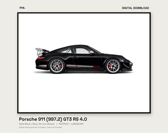Stampa illustrata dell'auto Porsche 911 GT3 RS 4.0 del 2011, nera 997 in formato verticale e orizzontale + sfondo 4K