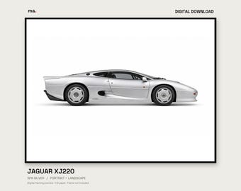Pacchetto di stampe digitali per auto Jaguar XJ220 Silver Light, formato verticale e orizzontale + sfondo 4K
