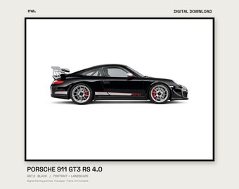 Stampa digitale di un'auto Porsche 911 GT3 RS 4.0 nera del 2011, 997 in formato verticale e orizzontale + sfondo 4K