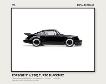 Stampa illustrata dell'auto Porsche 911 930 Blackbird, coupé nera, orientamento verticale e orizzontale, sfondo 4K