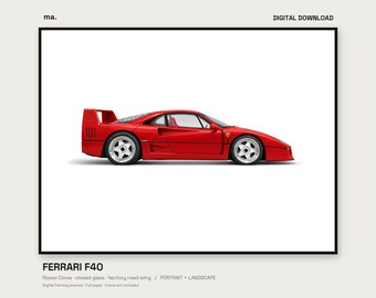 Stampa illustrata dell'auto Ferrari F40 rossa, formato verticale e orizzontale + sfondo 4K